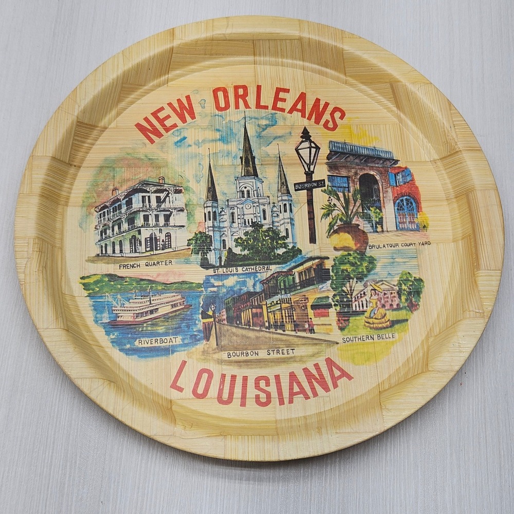 Vintage New Orleans Louisiana Bamboo Serving Tray Hand Woven Souvenir 13.5 Inch